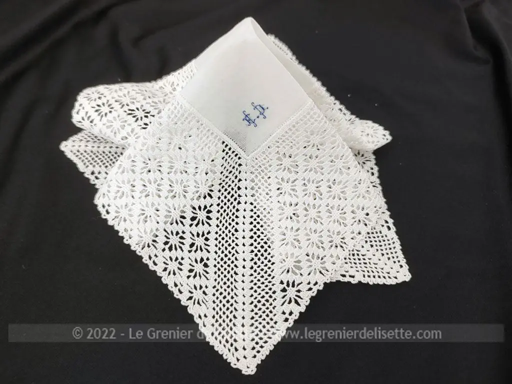 Ancien mouchoir mariée étamine, dentelle et monogrammes ED – Image 2